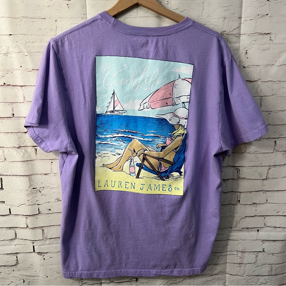 Lauren James Size Large Good Life Beach Tee Shirt Purple Lounge Chair